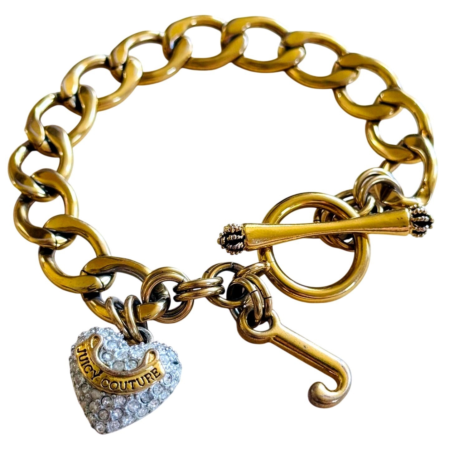 Juicy Couture Heart Starter Charm Bracelet Chain Crystal Vtg Gold Chunky Y2k 7"